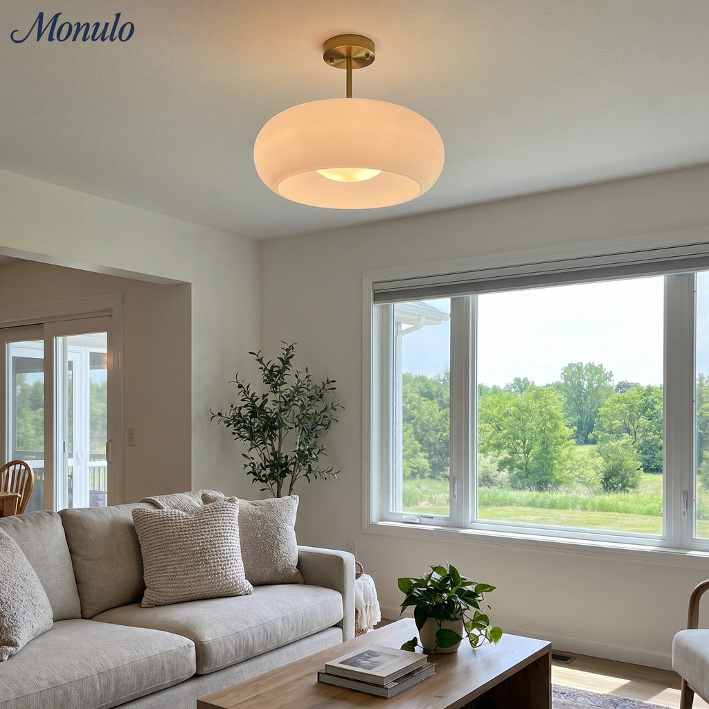 Bauhaus Circular Ceiling Light — Glass Disk Shade, Brass or Chrome Finish, Orange-Yellow or White Glass