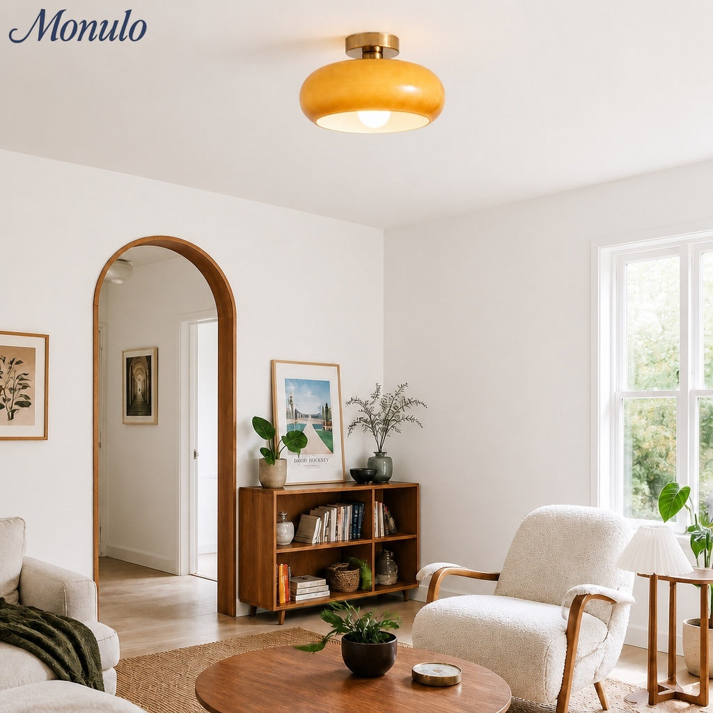 Bauhaus Circular Ceiling Light — Glass Disk Shade, Brass or Chrome Finish, Orange-Yellow or White Glass