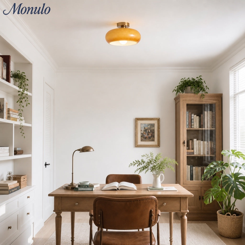 Bauhaus Circular Ceiling Light — Glass Disk Shade, Brass or Chrome Finish, Orange-Yellow or White Glass