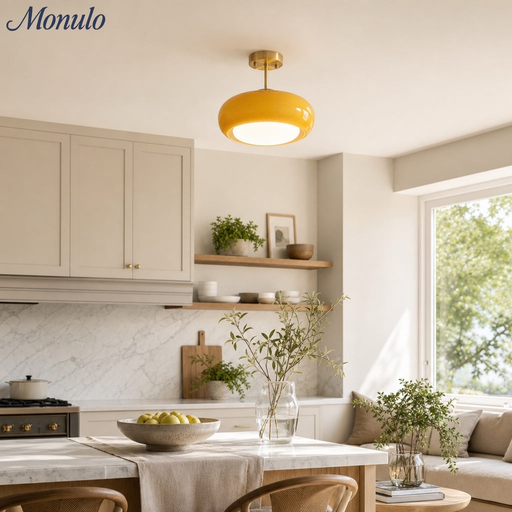 Bauhaus Circular Ceiling Light — Glass Disk Shade, Brass or Chrome Finish, Orange-Yellow or White Glass