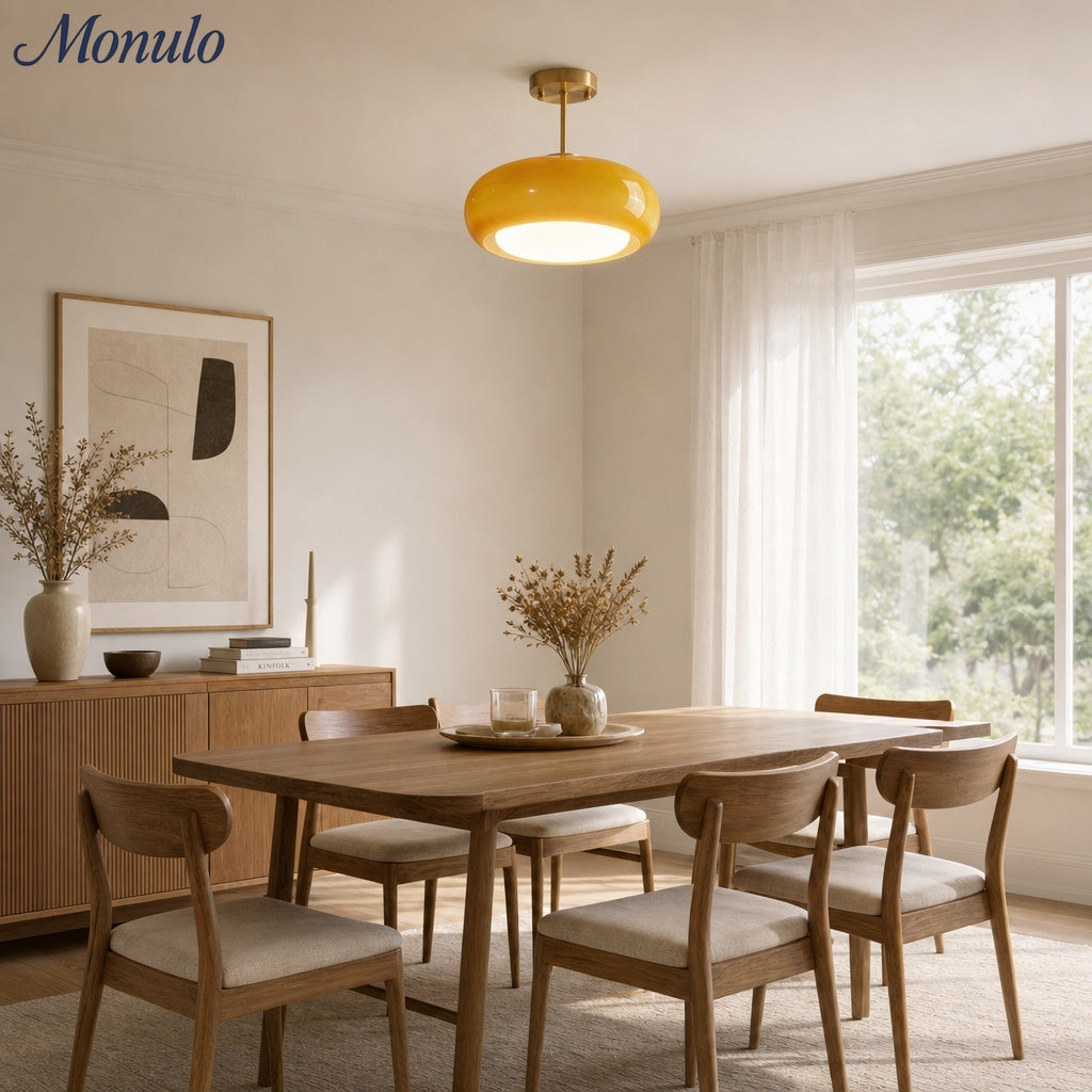 Bauhaus Circular Ceiling Light — Glass Disk Shade, Brass or Chrome Finish, Orange-Yellow or White Glass