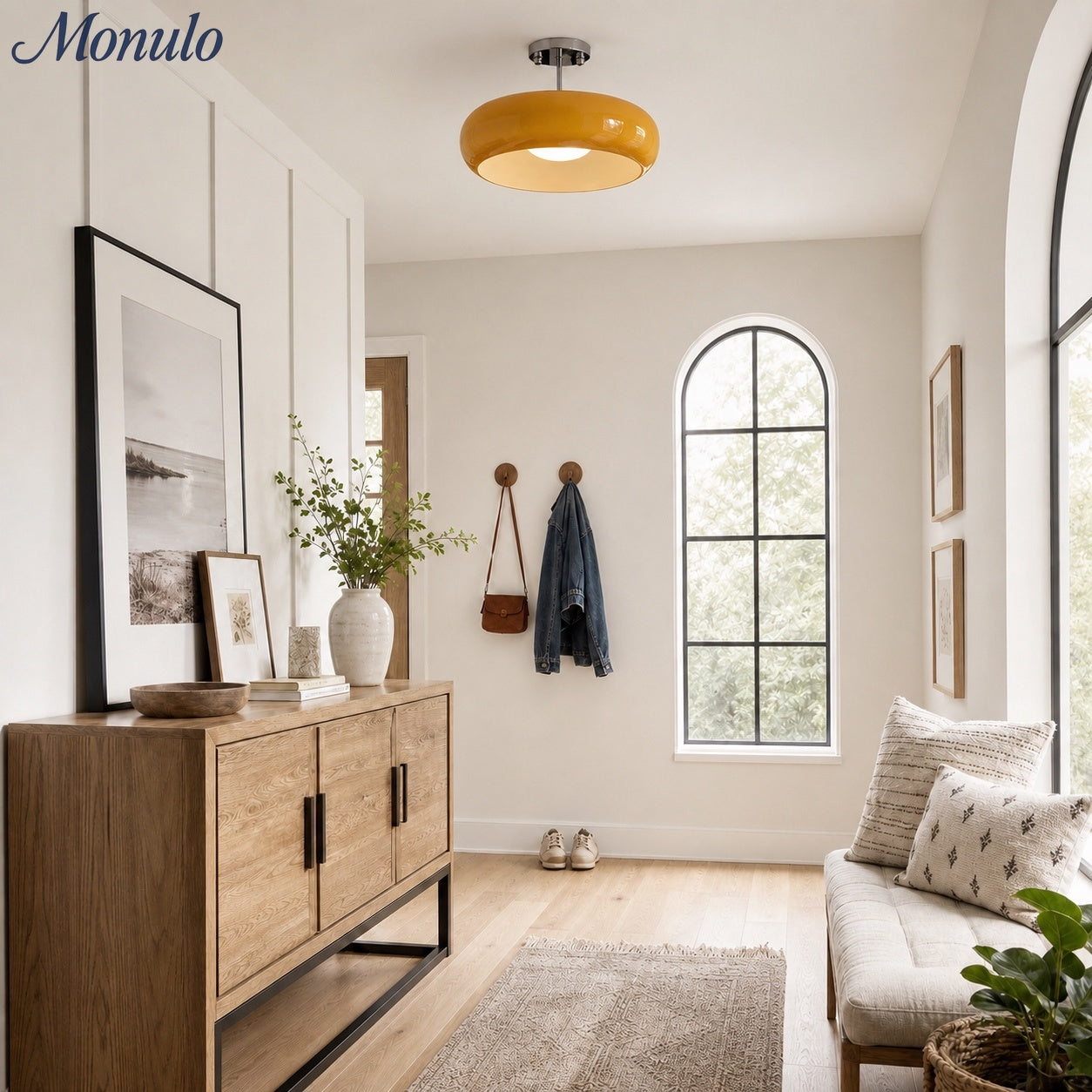 Bauhaus Circular Ceiling Light — Glass Disk Shade, Brass or Chrome Finish, Orange-Yellow or White Glass
