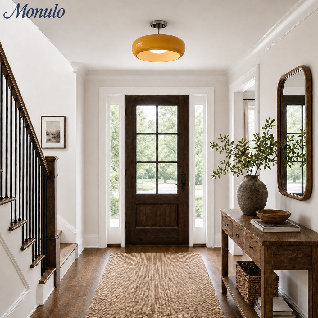 Bauhaus Circular Ceiling Light — Glass Disk Shade, Brass or Chrome Finish, Orange-Yellow or White Glass