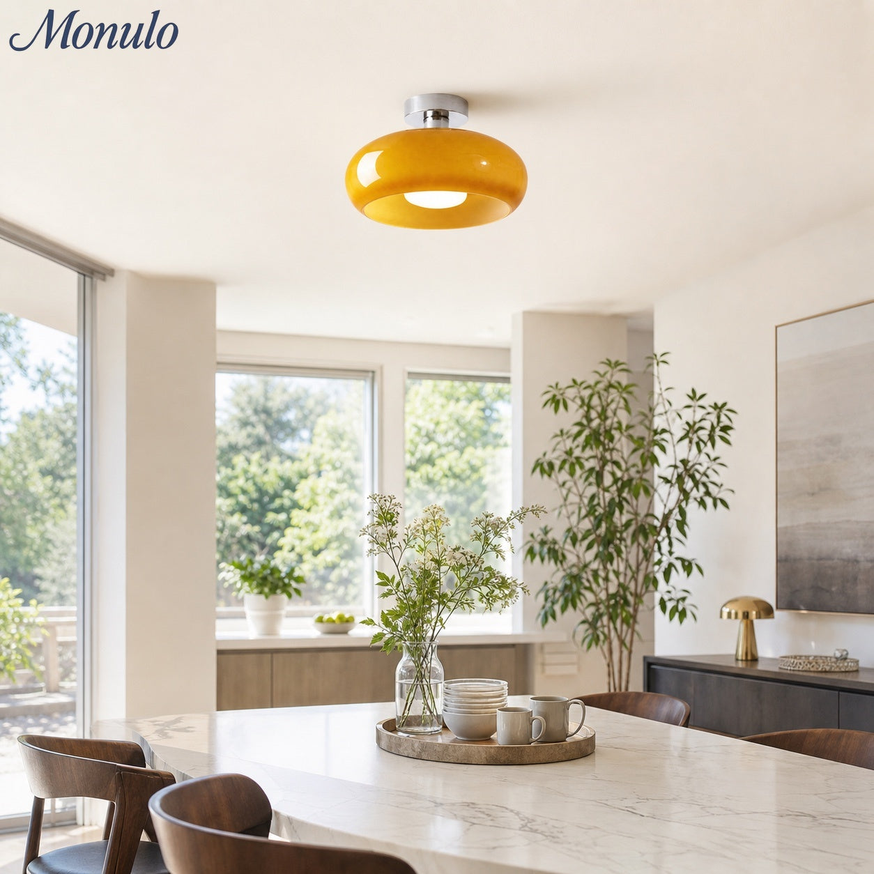 Bauhaus Circular Ceiling Light — Glass Disk Shade, Brass or Chrome Finish, Orange-Yellow or White Glass