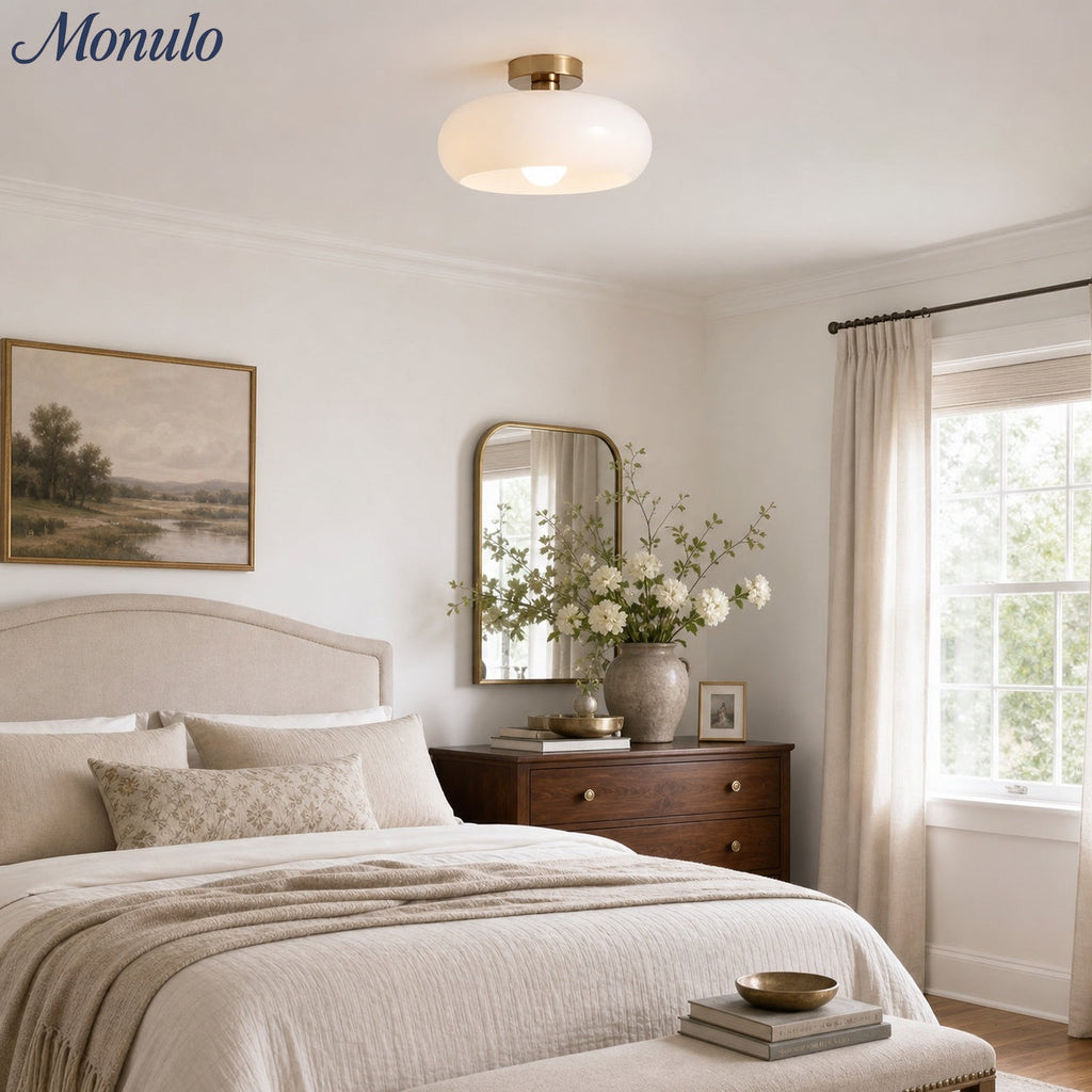 Bauhaus Circular Ceiling Light — Glass Disk Shade, Brass or Chrome Finish, Orange-Yellow or White Glass