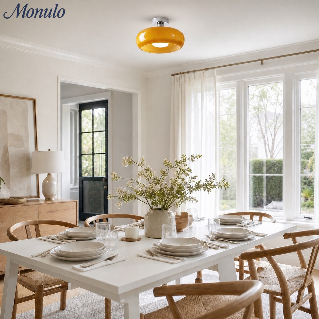 Bauhaus Circular Ceiling Light — Glass Disk Shade, Brass or Chrome Finish, Orange-Yellow or White Glass