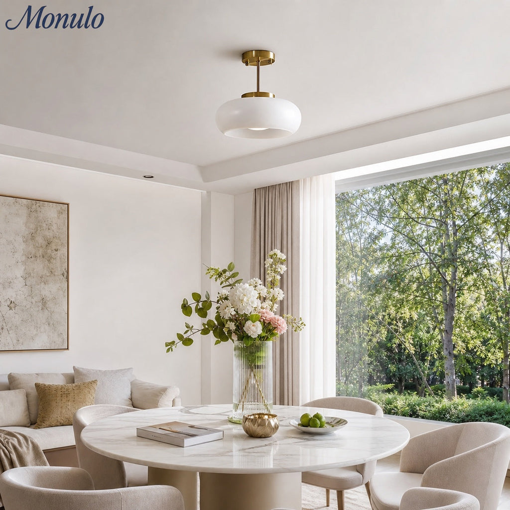 Bauhaus Circular Ceiling Light — Glass Disk Shade, Brass or Chrome Finish, Orange-Yellow or White Glass