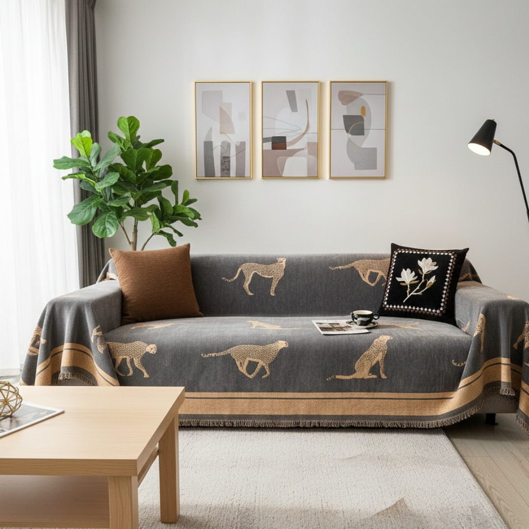Zelený potah na pohovku s gepardím vzorem — design inspirovaný safari