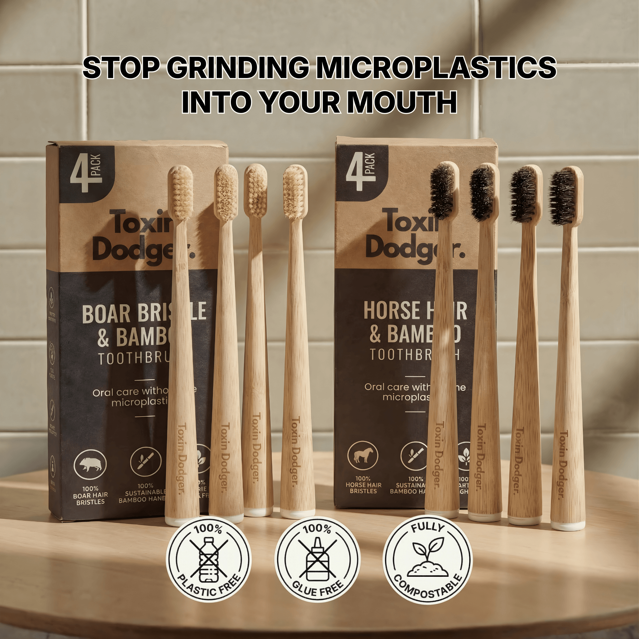 Four-Pack Bamboo Toothbrush Set — Natural Bristle Design