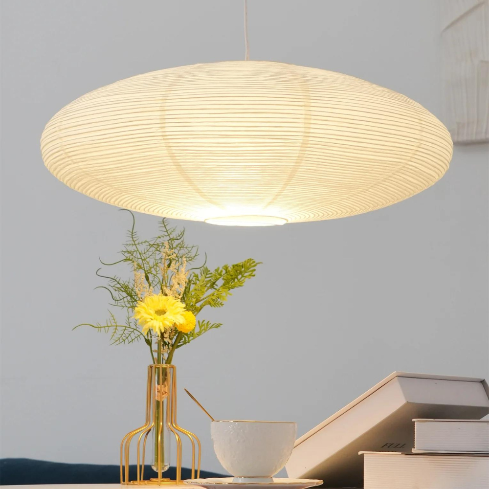 Mulberry Paper Japandi Ceiling Light — Geometric White LED Design, 50 cm and 60 cm