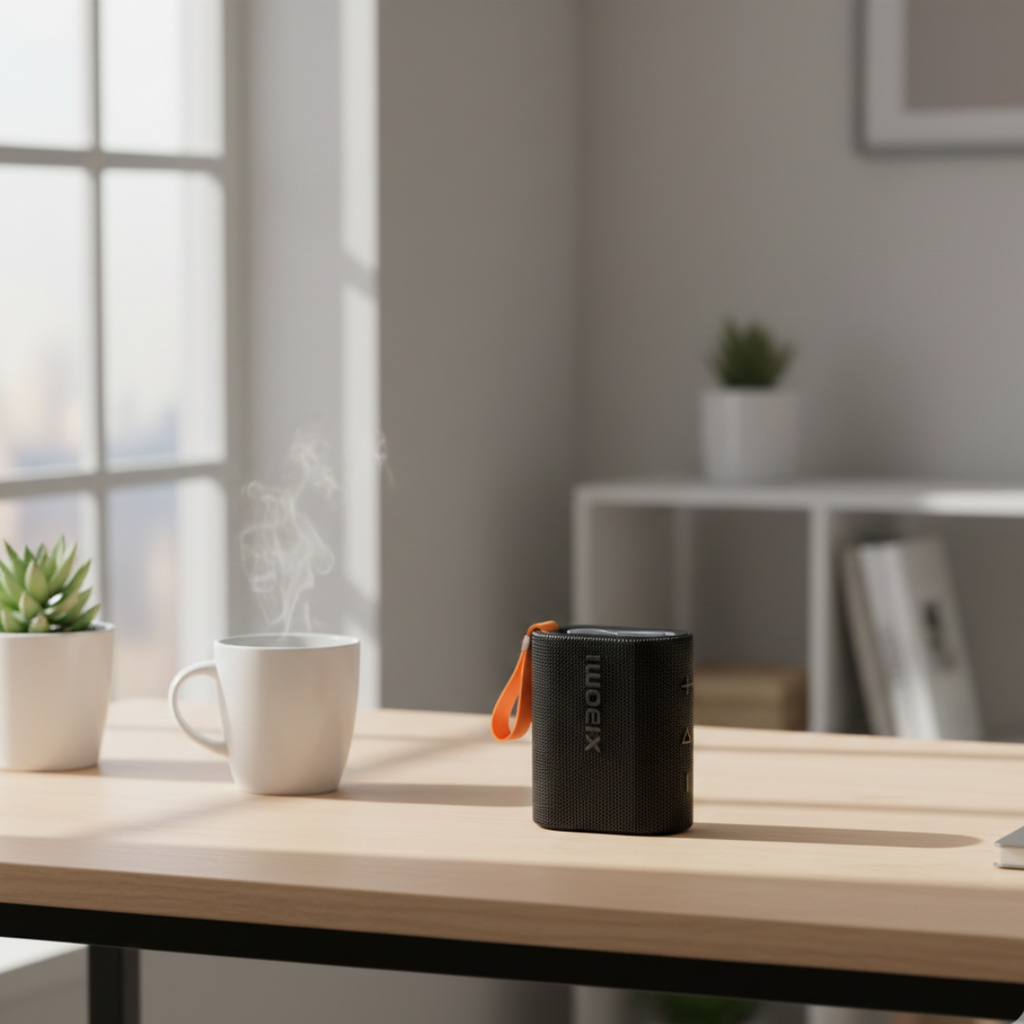 Altavoz Bluetooth Xiaomi Sound Pocket — Clasificación IP67, carcasa del tamaño de la palma de la mano, acabado negro mate y detalles naranjas