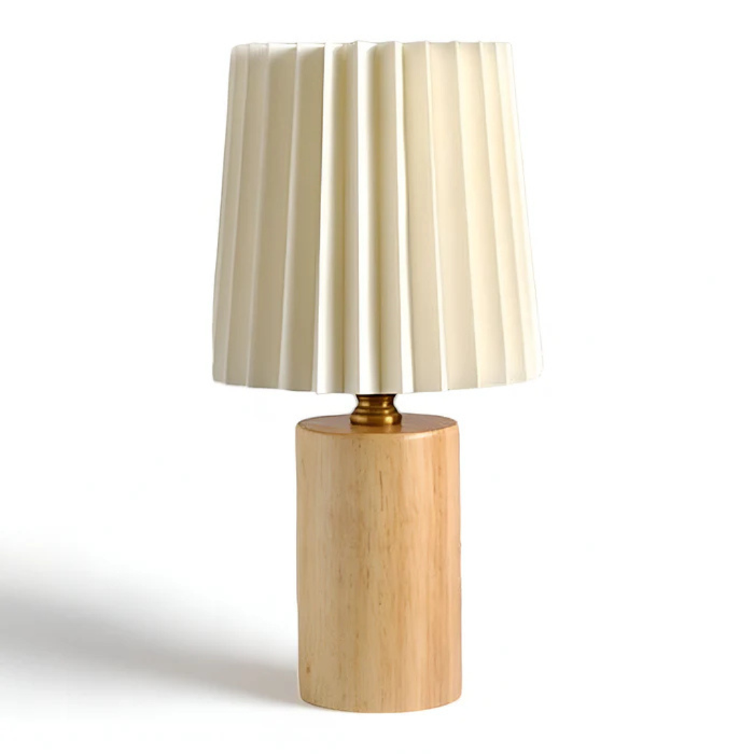 LumaRidge Table Lamp In Wood Finish With Pleated Shade And Warm LED Glow