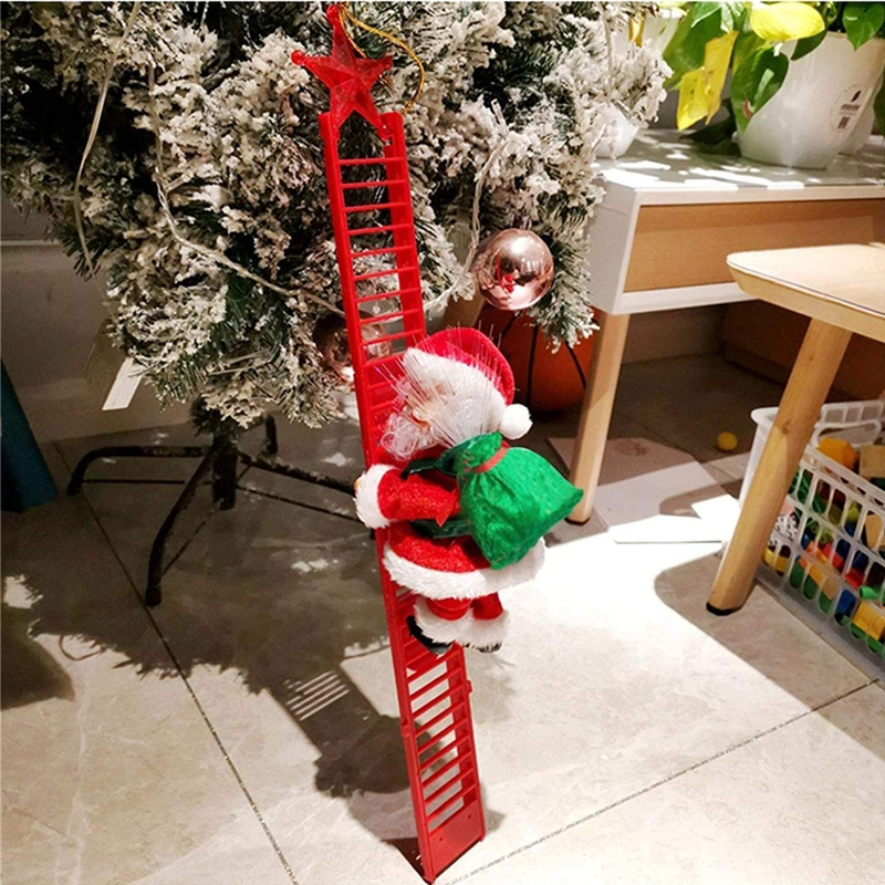 Animovaný elektrický Santa Claus šplhající po žebříku s vánoční hudbou