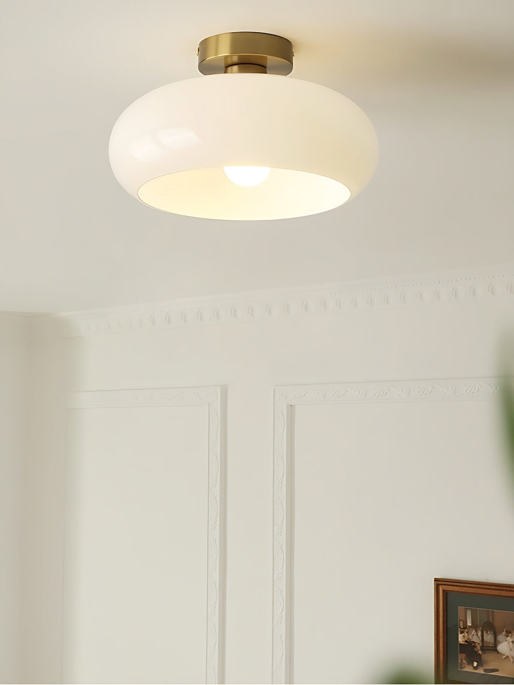 Bauhaus Circular Ceiling Light — Glass Disk Shade, Brass or Chrome Finish, Orange-Yellow or White Glass