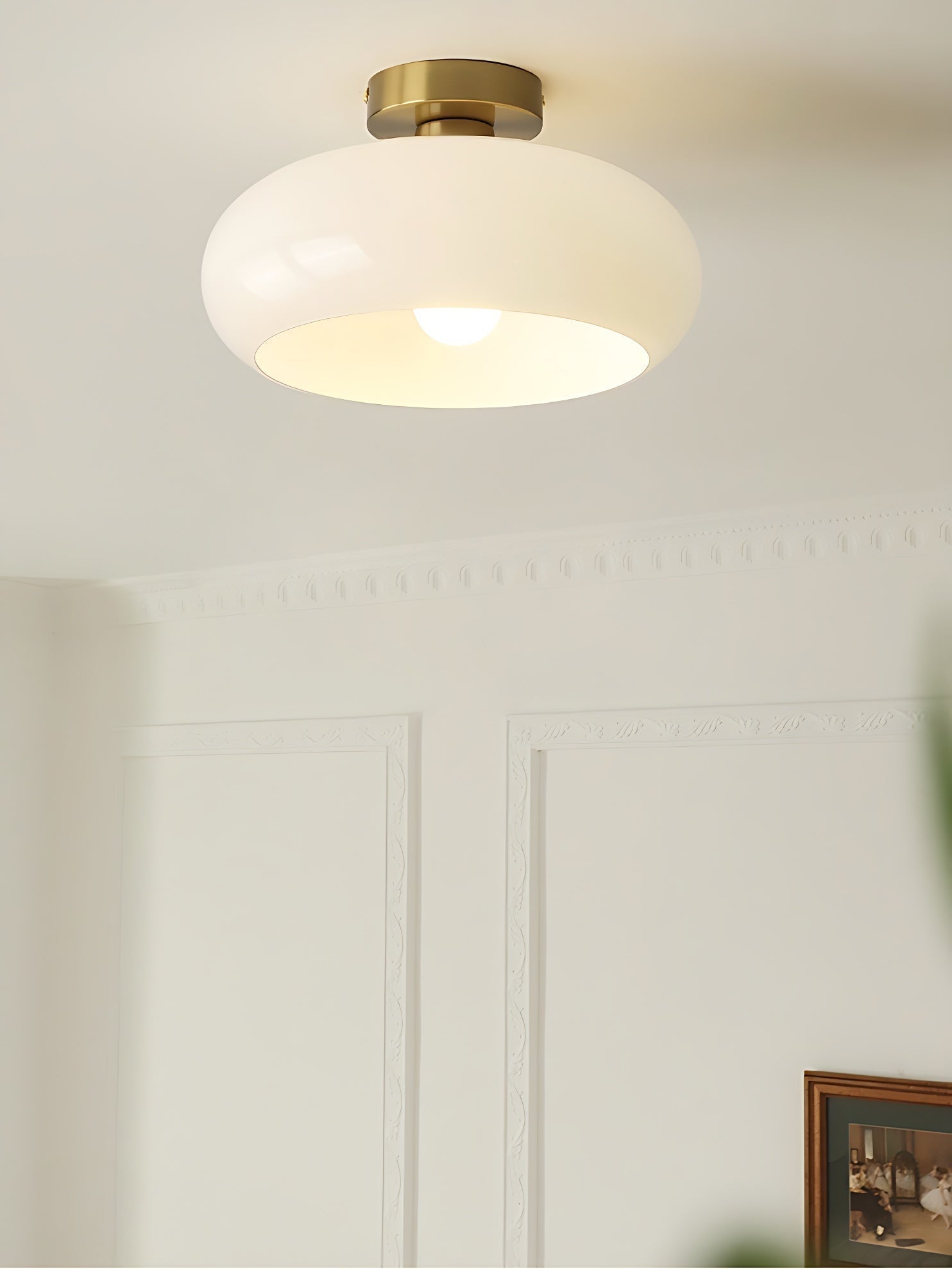 Bauhaus Circular Ceiling Light — Glass Disk Shade, Brass or Chrome Finish, Orange-Yellow or White Glass