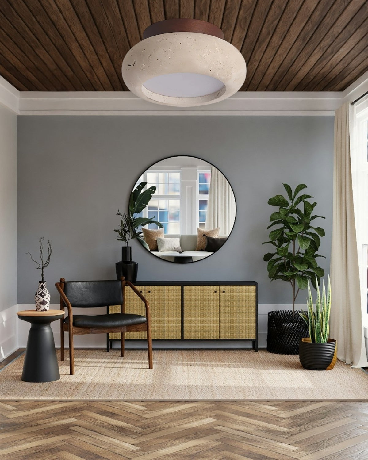 Acrylic Ceiling Lamp in Walnut and Beige — Flat Panel, Even Illumination
