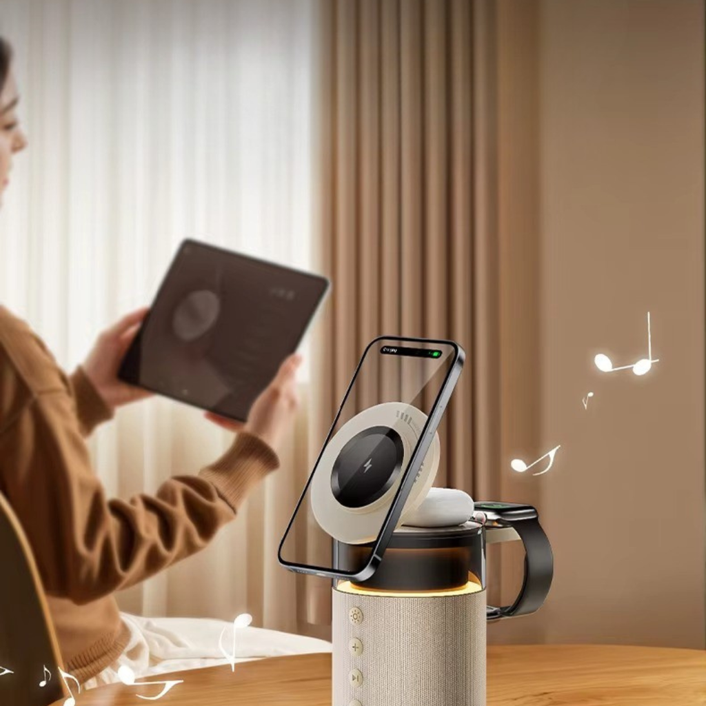 マグネット式ワイヤレス充電ステーション - iPhone、iWatch＆AirPodsハブ、スピーカーとLEDランプ一体型