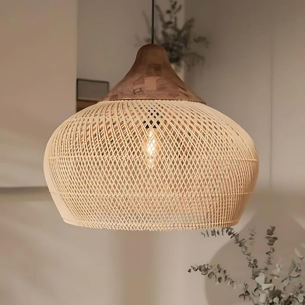 Suspension en rotin tressé à la main Kevara — style bohème, abat-jour naturel
