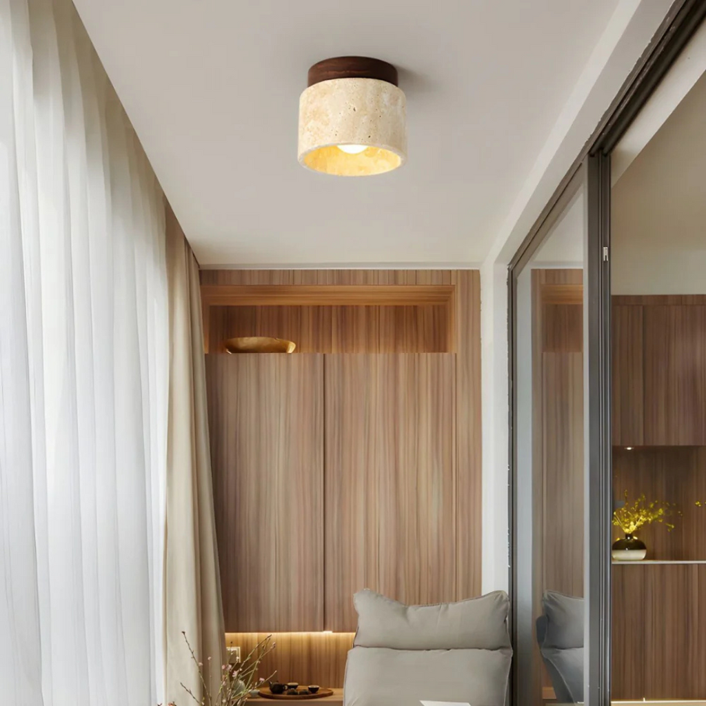 Travertine Cylinder Ceiling Light — Wood Accent, E27, 12cm