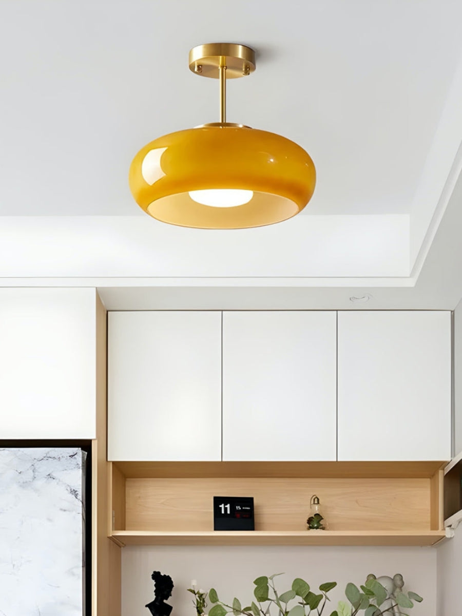 Bauhaus Circular Ceiling Light — Glass Disk Shade, Brass or Chrome Finish, Orange-Yellow or White Glass
