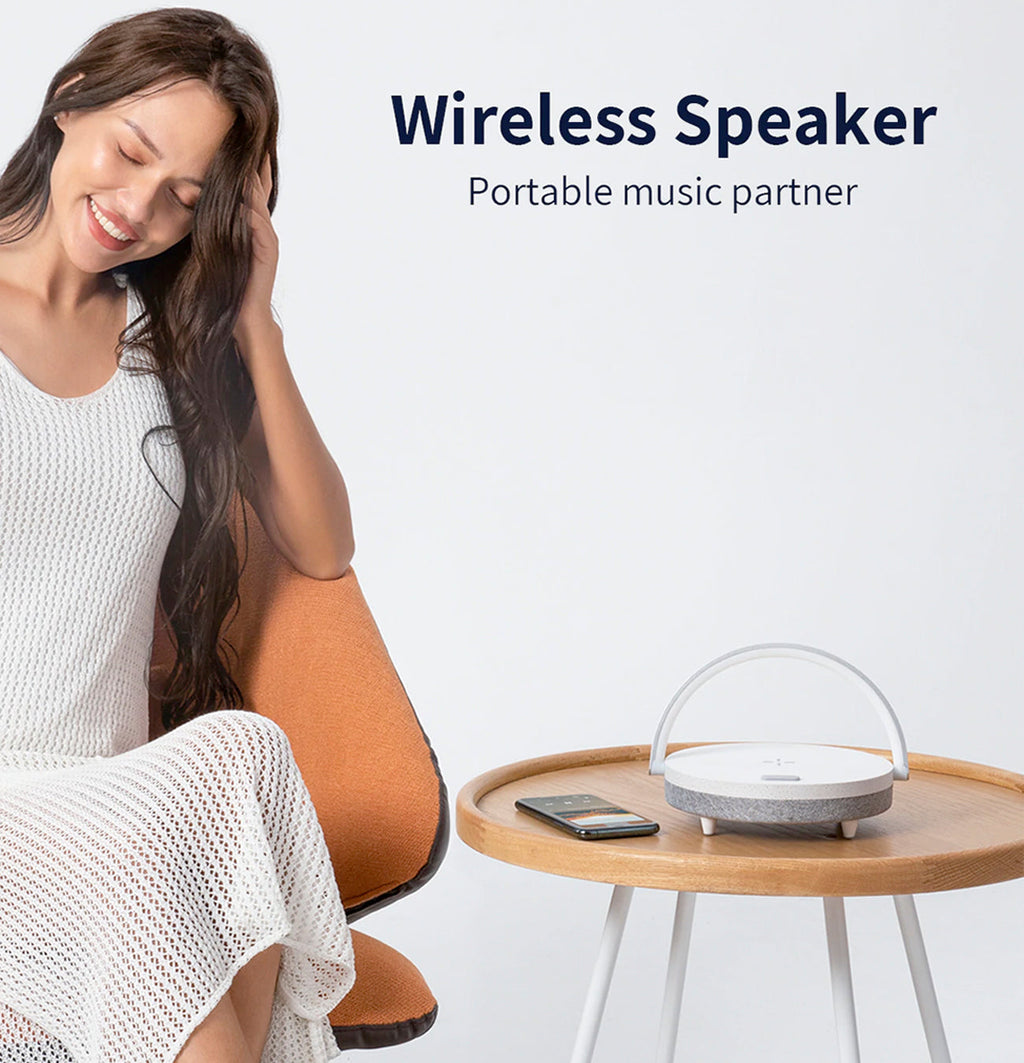 4-in-1 Bedside Lamp — Dimmable Light, Wireless Charging & Speaker