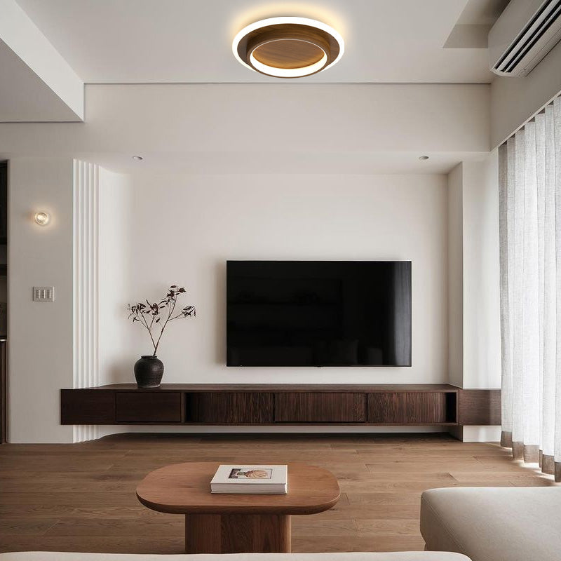 ラウンドLEDシーリングライト — 発光ハローリングアクセント、メタル＆アクリルハウジング、薄型フラッシュマウント