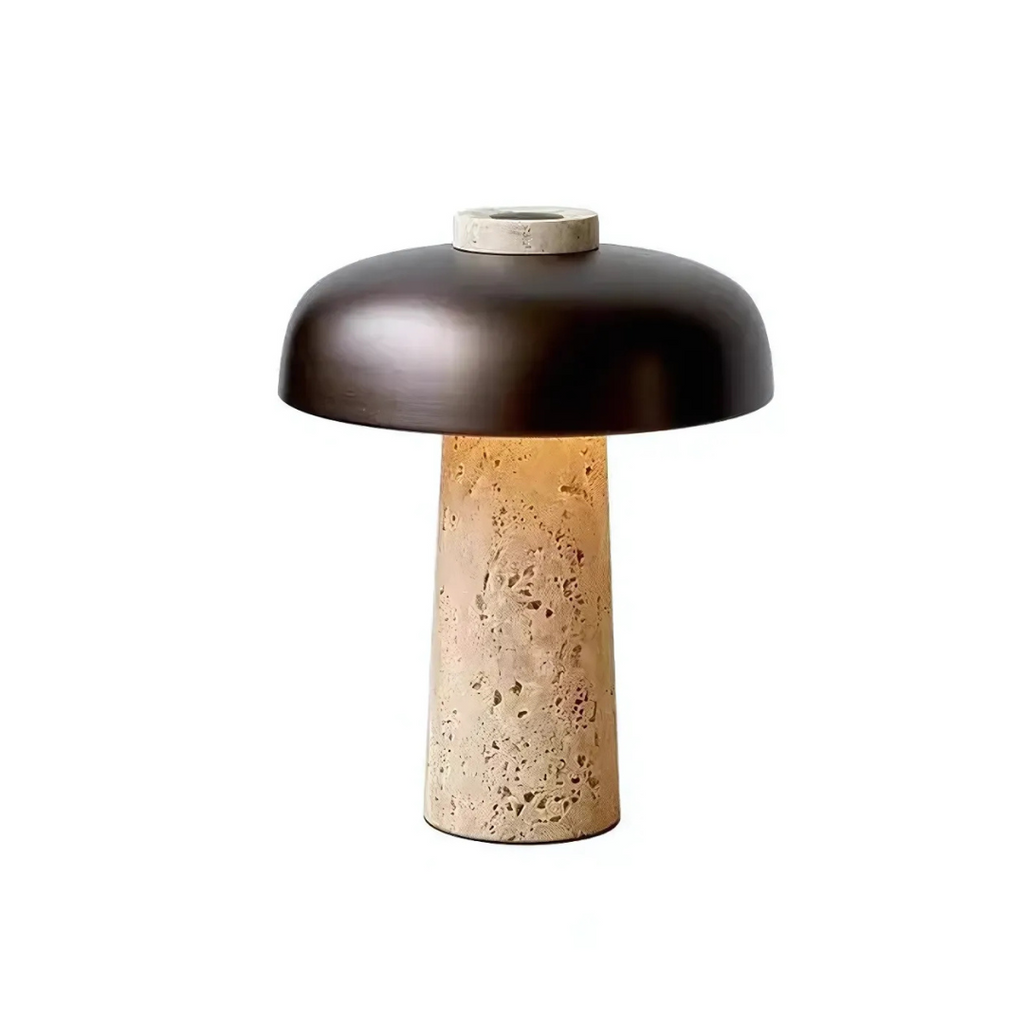 Lámpara artesanal de piedra Aurelian para mesita de noche con LED de travertino