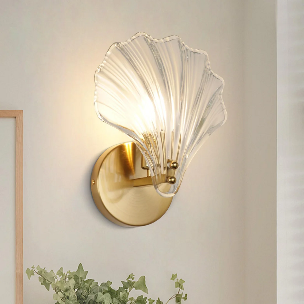 Sylvara Brass Finish Glass Shell Wall Light For Bedrooms And Living Rooms
