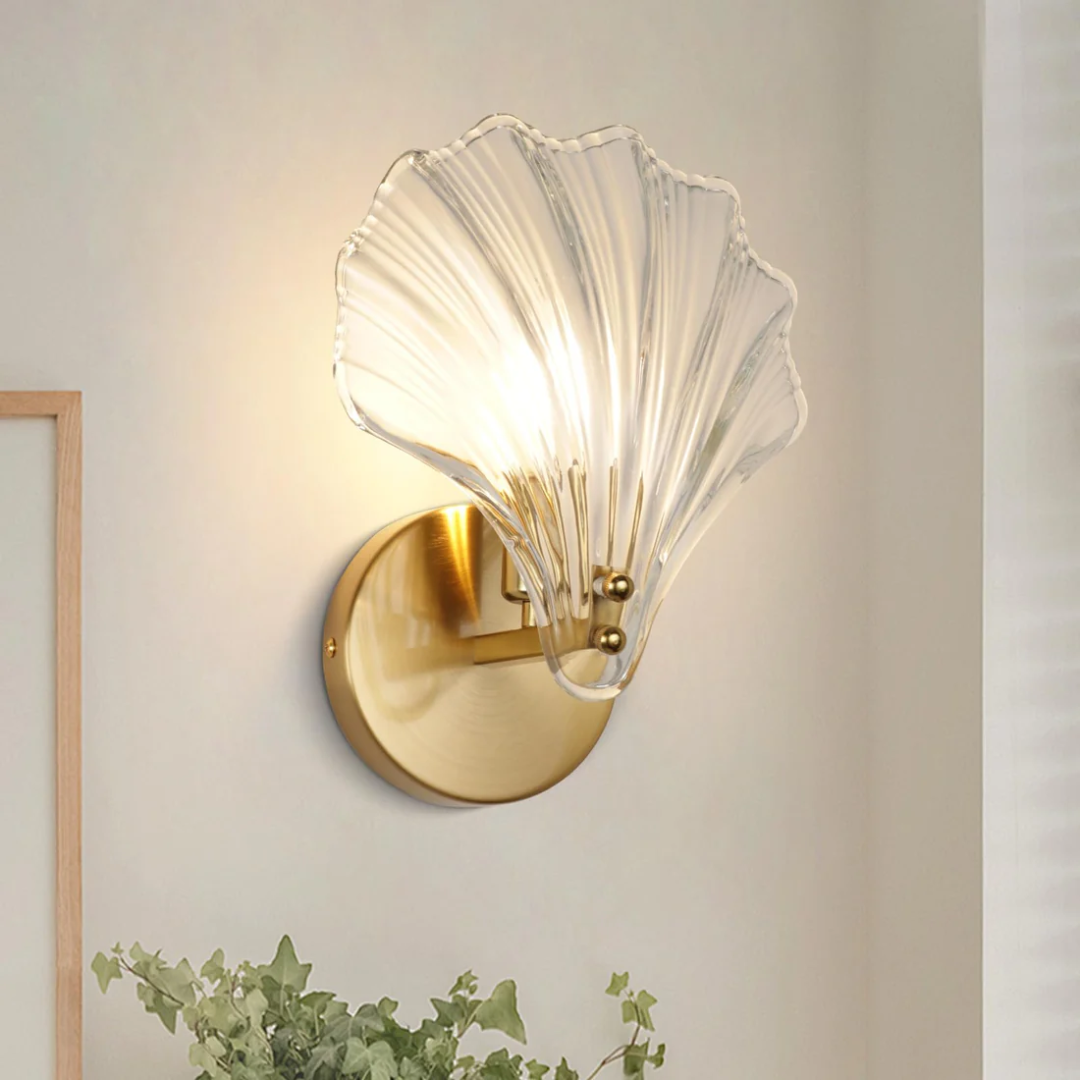 Sylvara Brass Finish Glass Shell Wall Light For Bedrooms And Living Rooms