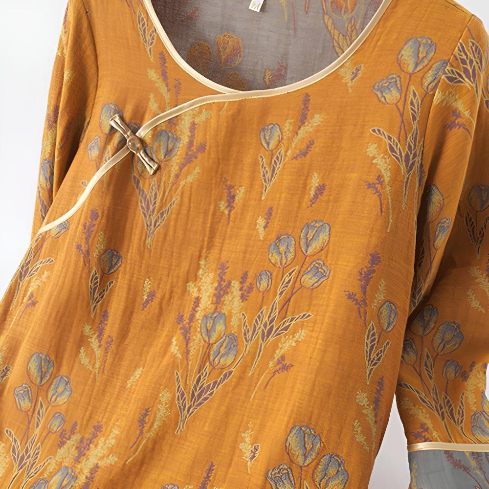 Blumennachthemd „Amber Dusk“ — leicht, mit Vintage-Tulpenmuster
