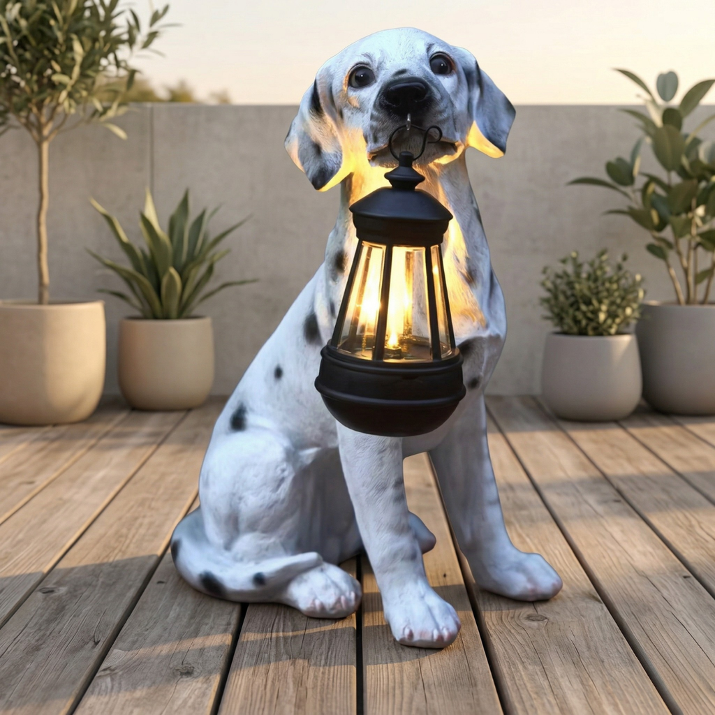 Decorazione da giardino a forma di cucciolo alimentata a energia solare — scultura da prato con illuminazione automatica