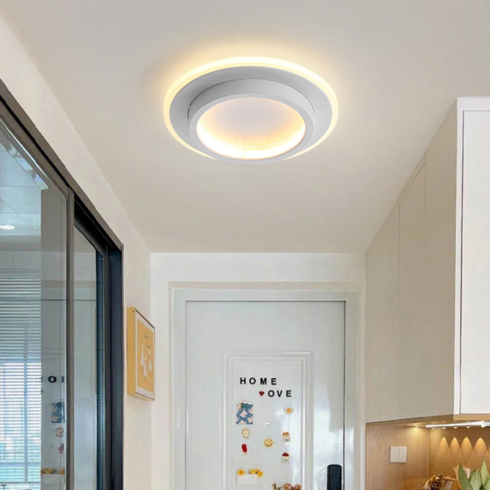 ラウンドLEDシーリングライト — 発光ハローリングアクセント、メタル＆アクリルハウジング、薄型フラッシュマウント