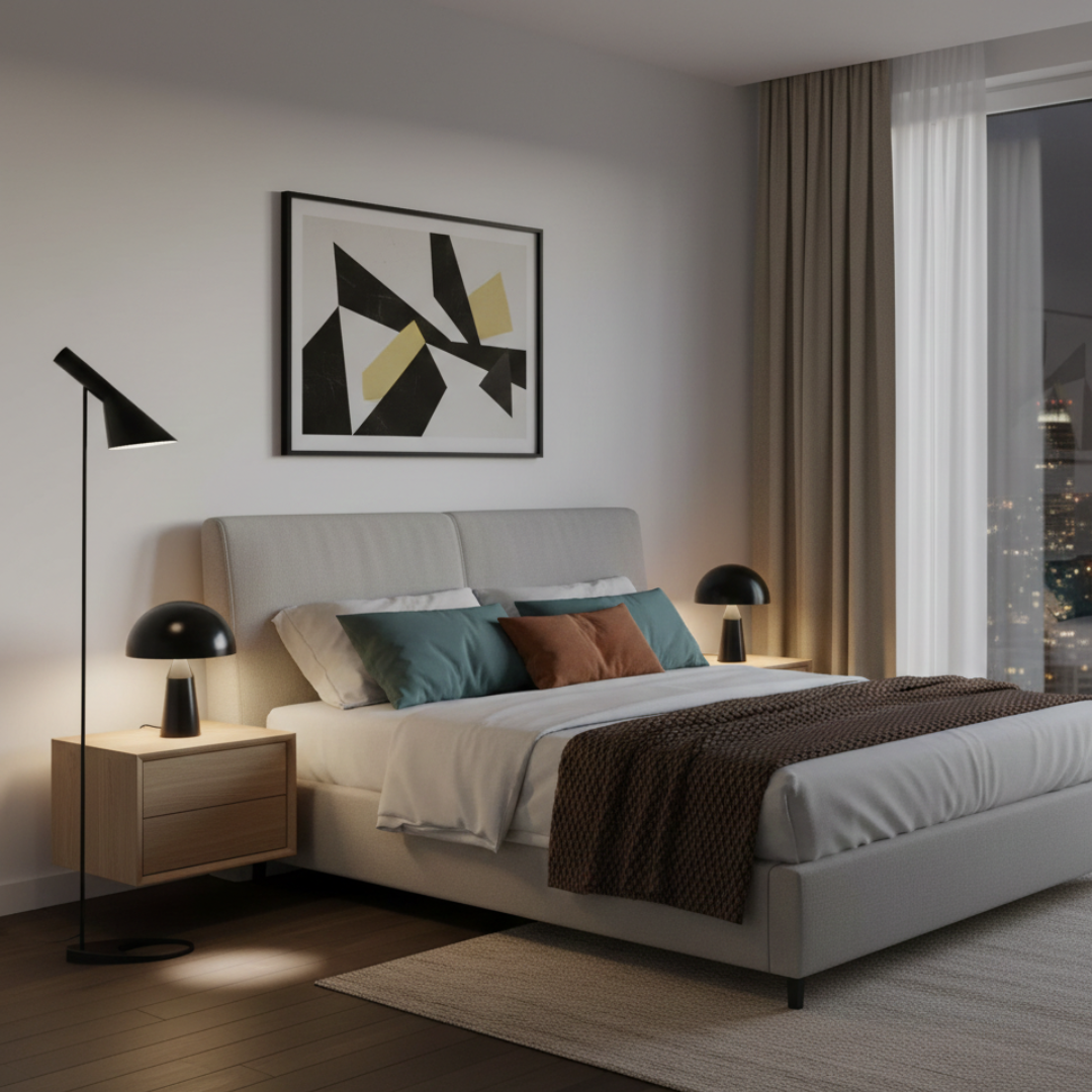 Minimalistická stojací LED lampa v severském stylu — čistý geometrický profil, rovnoměrné rozptýlené světlo