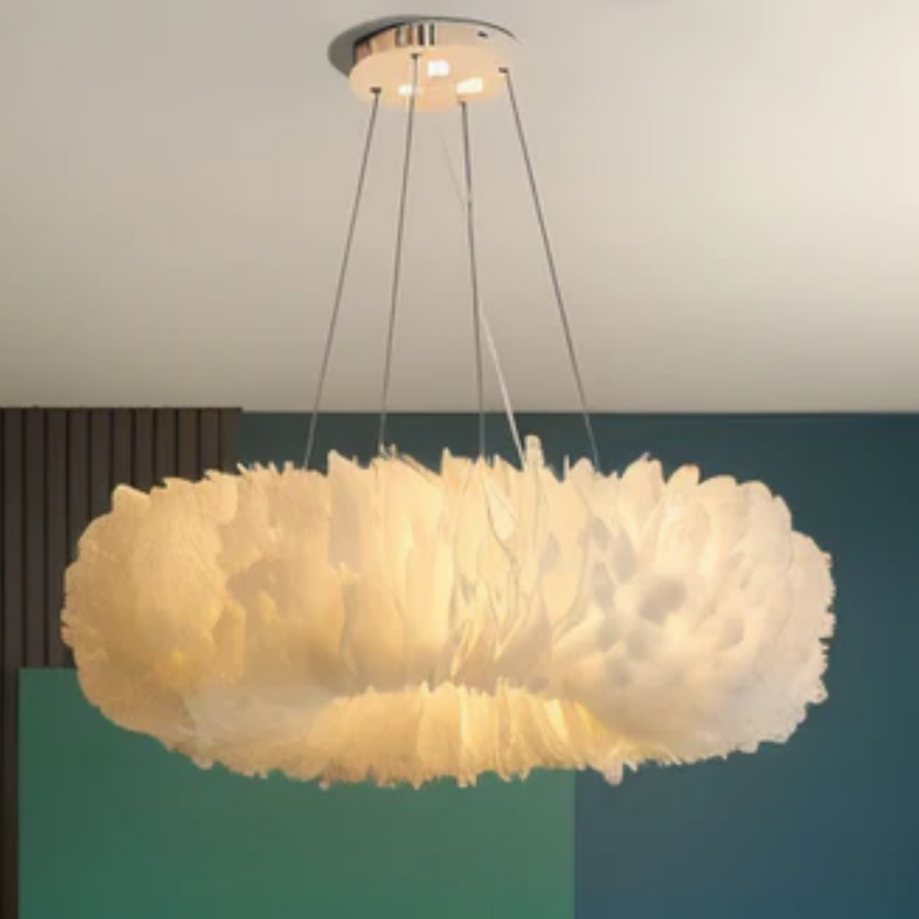 Aurelia White Circular Feathered Pendant Light With Diffused Glow