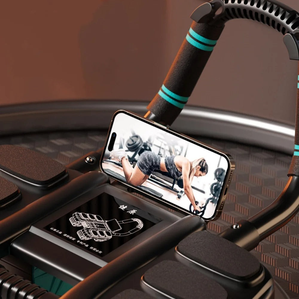 Roda abdominal automática de ressalto com apoios para os cotovelos