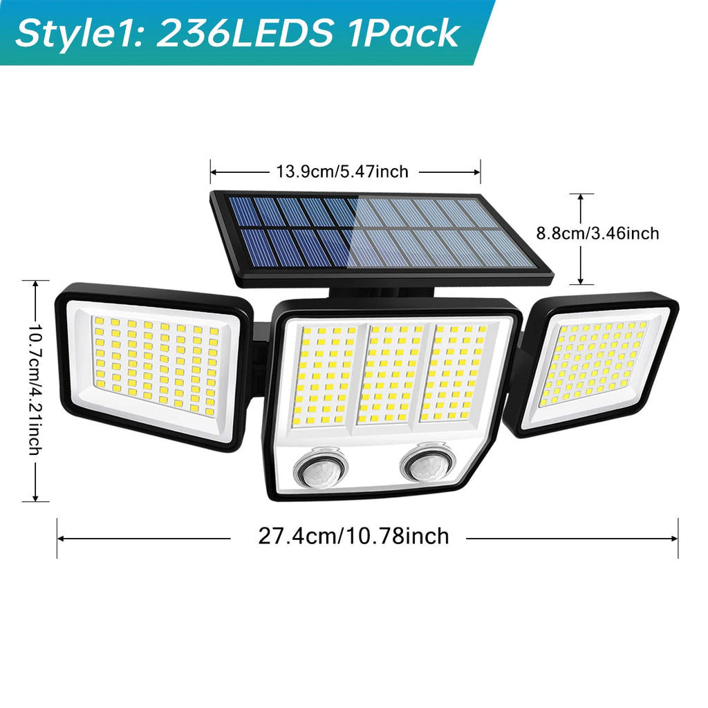 Lampă solară de exterior cu 3 capete și senzor de mișcare, unghi larg de 270°, impermeabilă