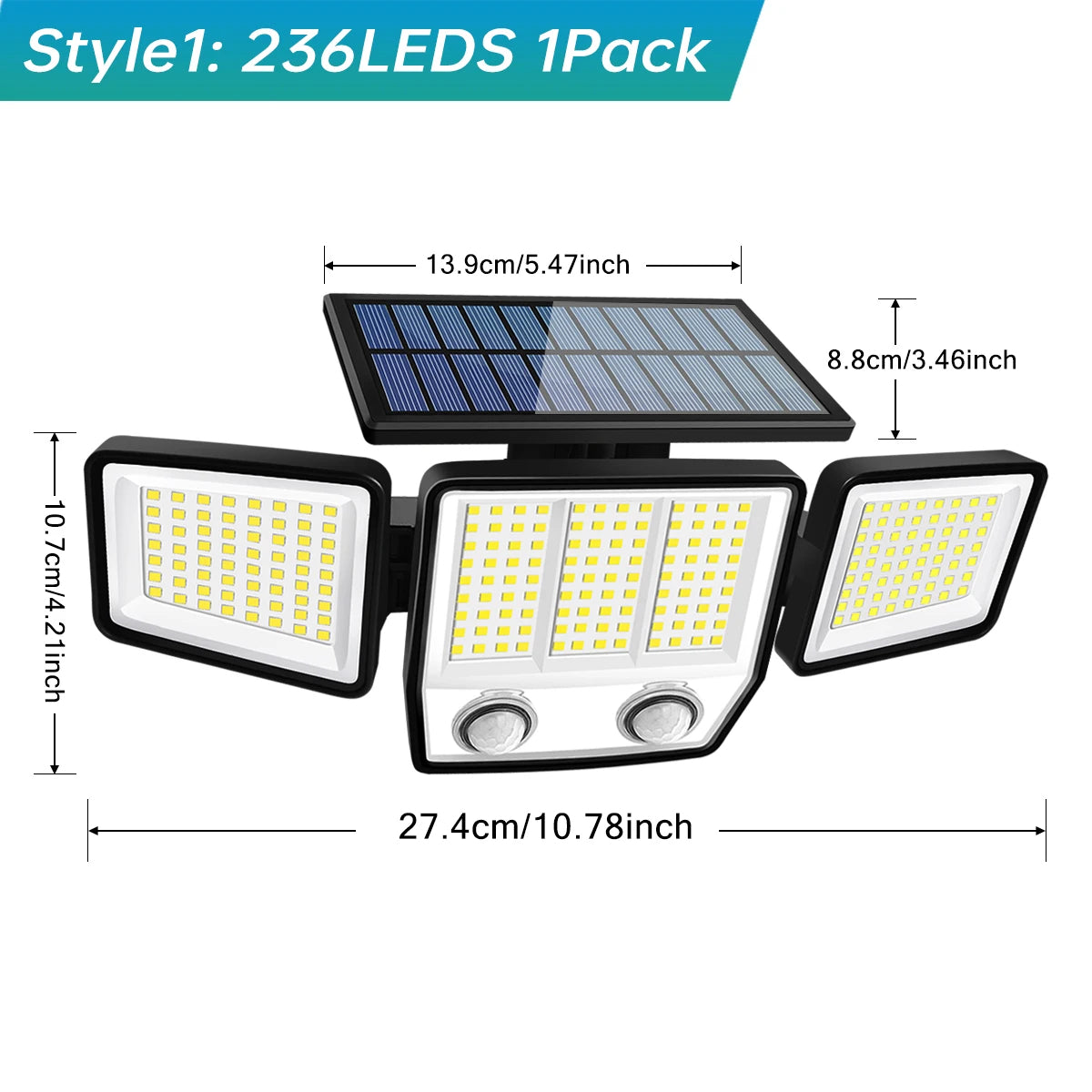 Lampă solară de exterior cu 3 capete și senzor de mișcare, unghi larg de 270°, impermeabilă