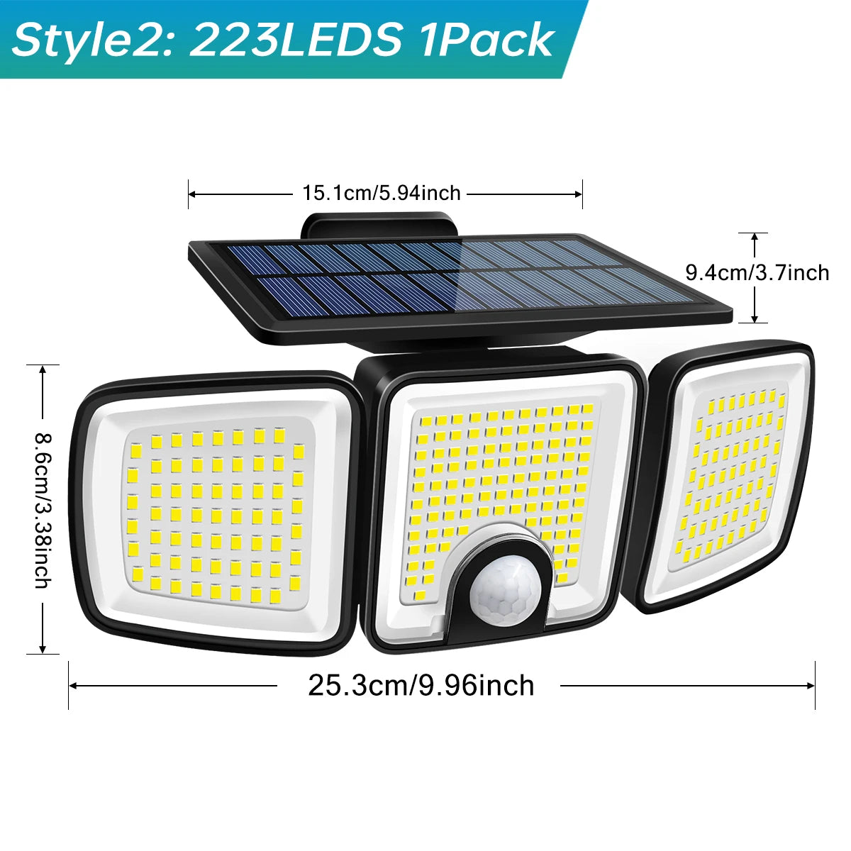 Lampă solară de exterior cu 3 capete și senzor de mișcare, unghi larg de 270°, impermeabilă