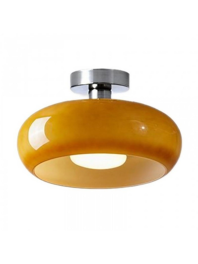 Bauhaus Circular Ceiling Light — Glass Disk Shade, Brass or Chrome Finish, Orange-Yellow or White Glass