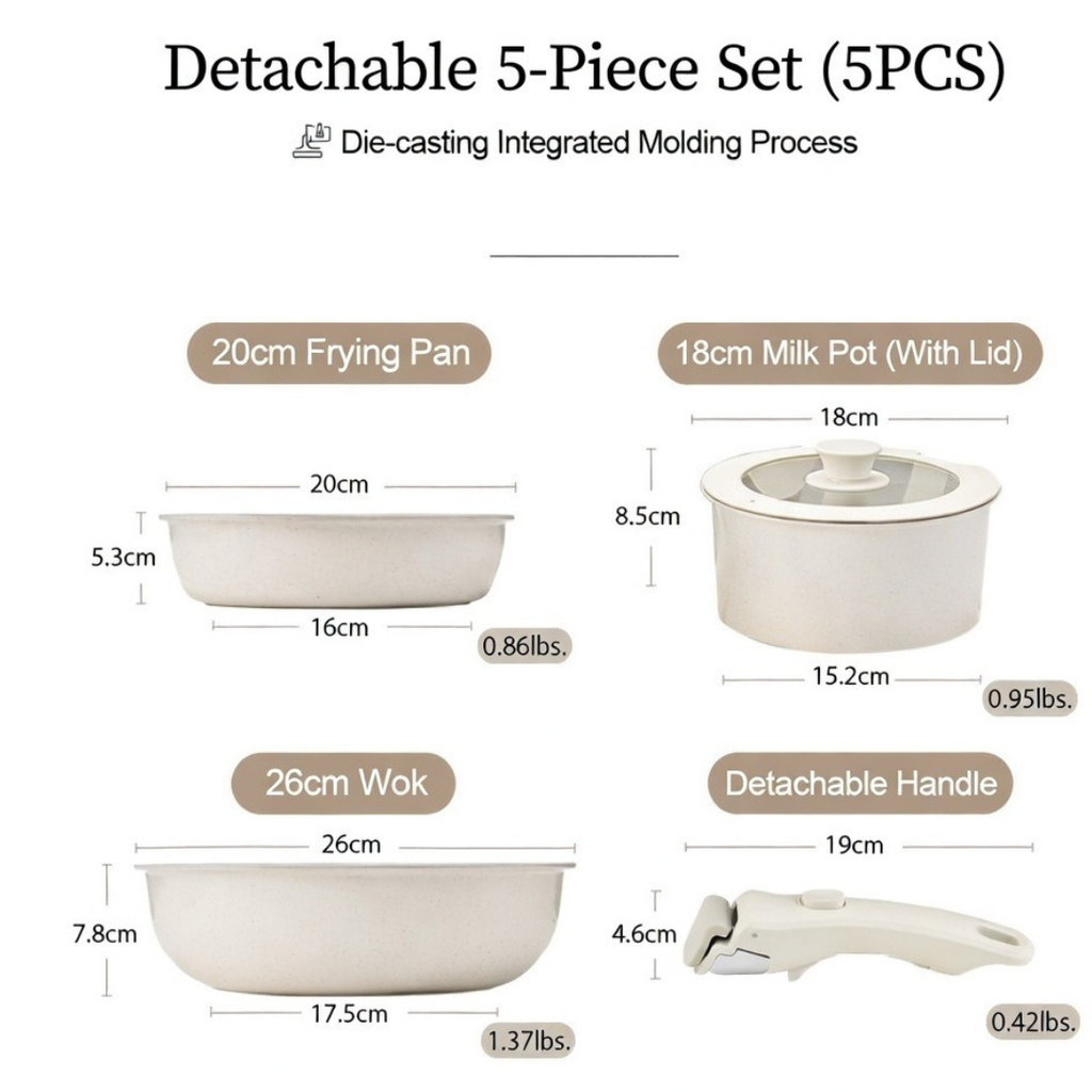 Compact Non Toxic Ceramic Cookware Ensemble — Stackable Pans, Detachable Handles