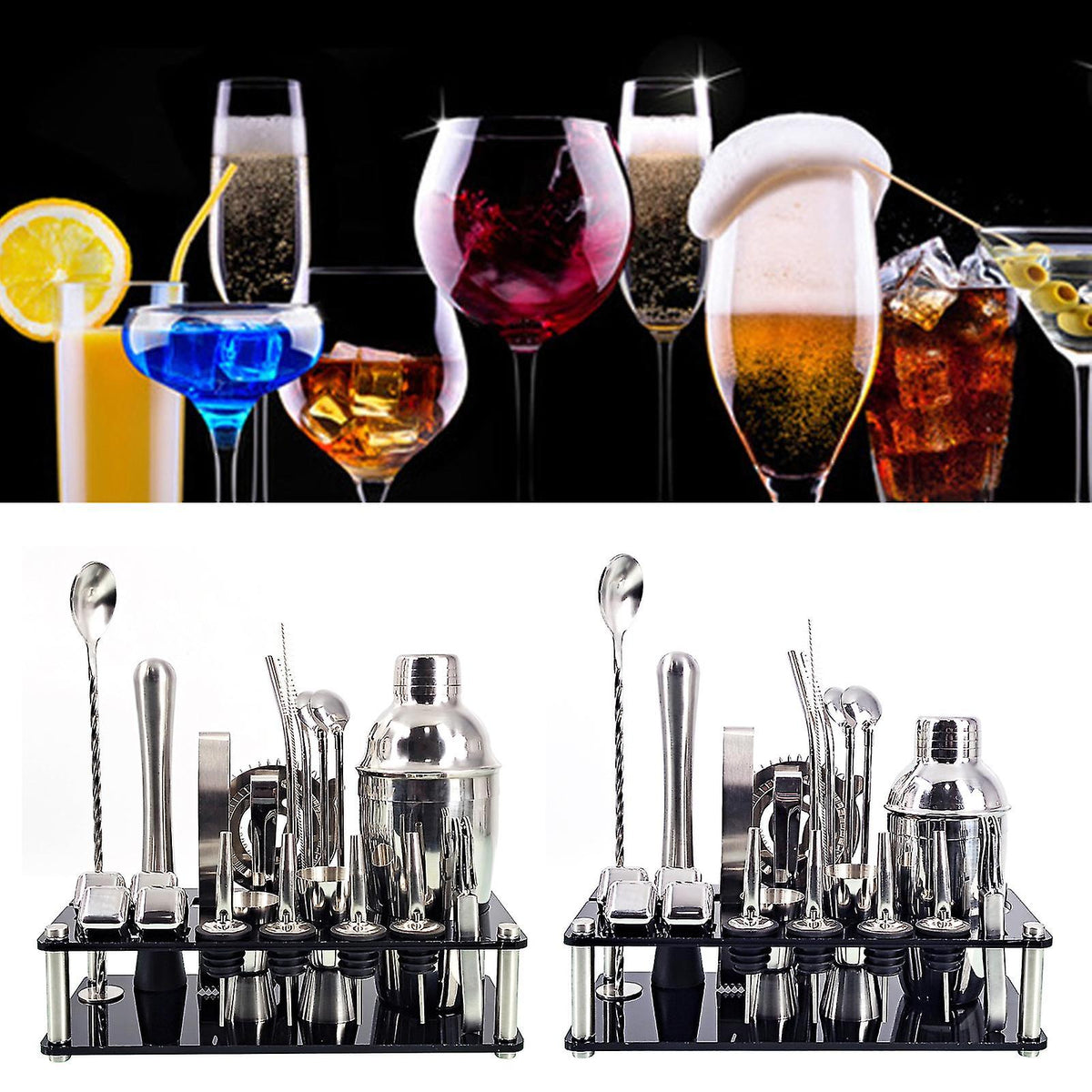 Ensemble de shaker à cocktails Martini en acier inoxydable 23PCS/SET avec support