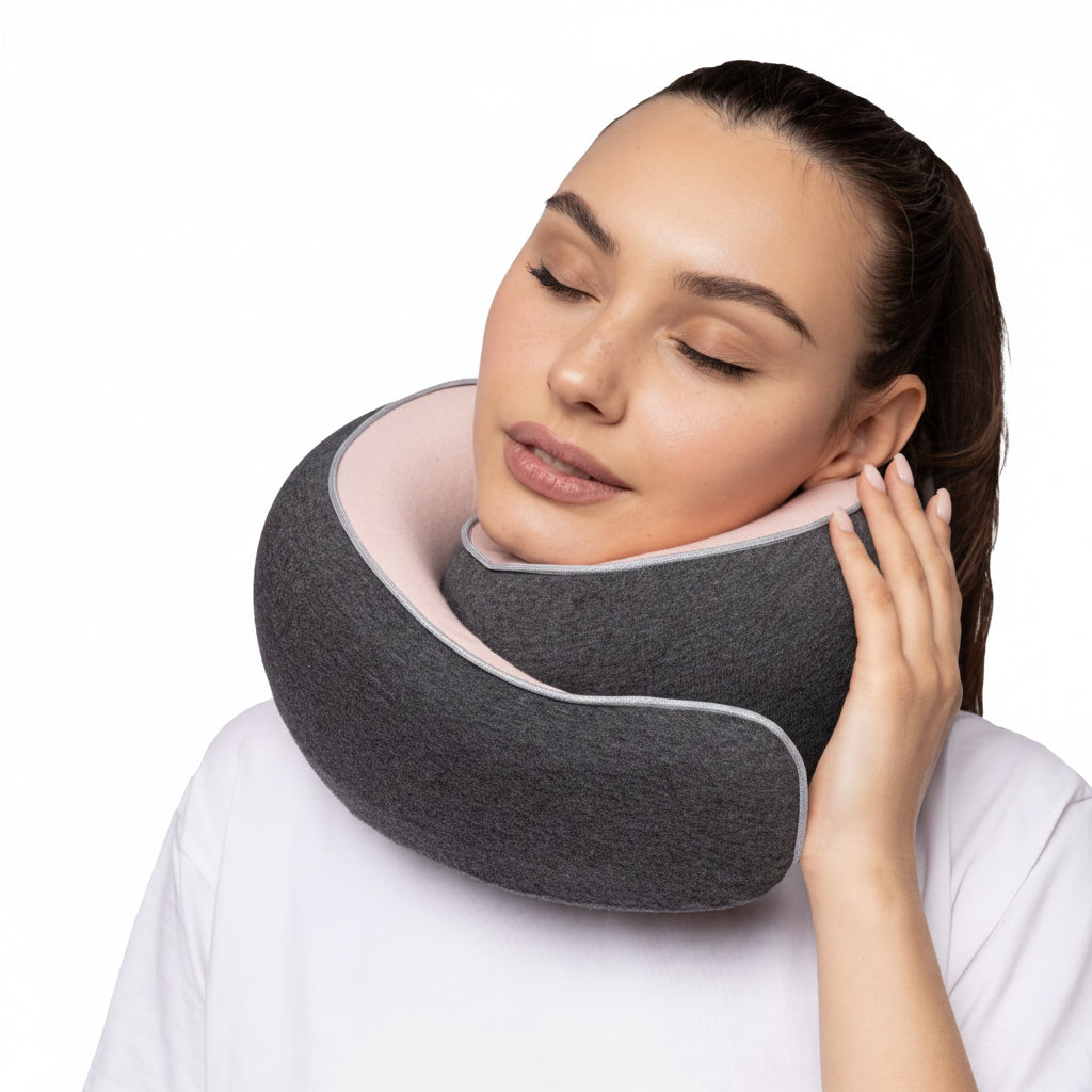 Almofada de viagem para o pescoço em espuma viscoelástica — Ajuste ergonómico e formato compacto para transportar