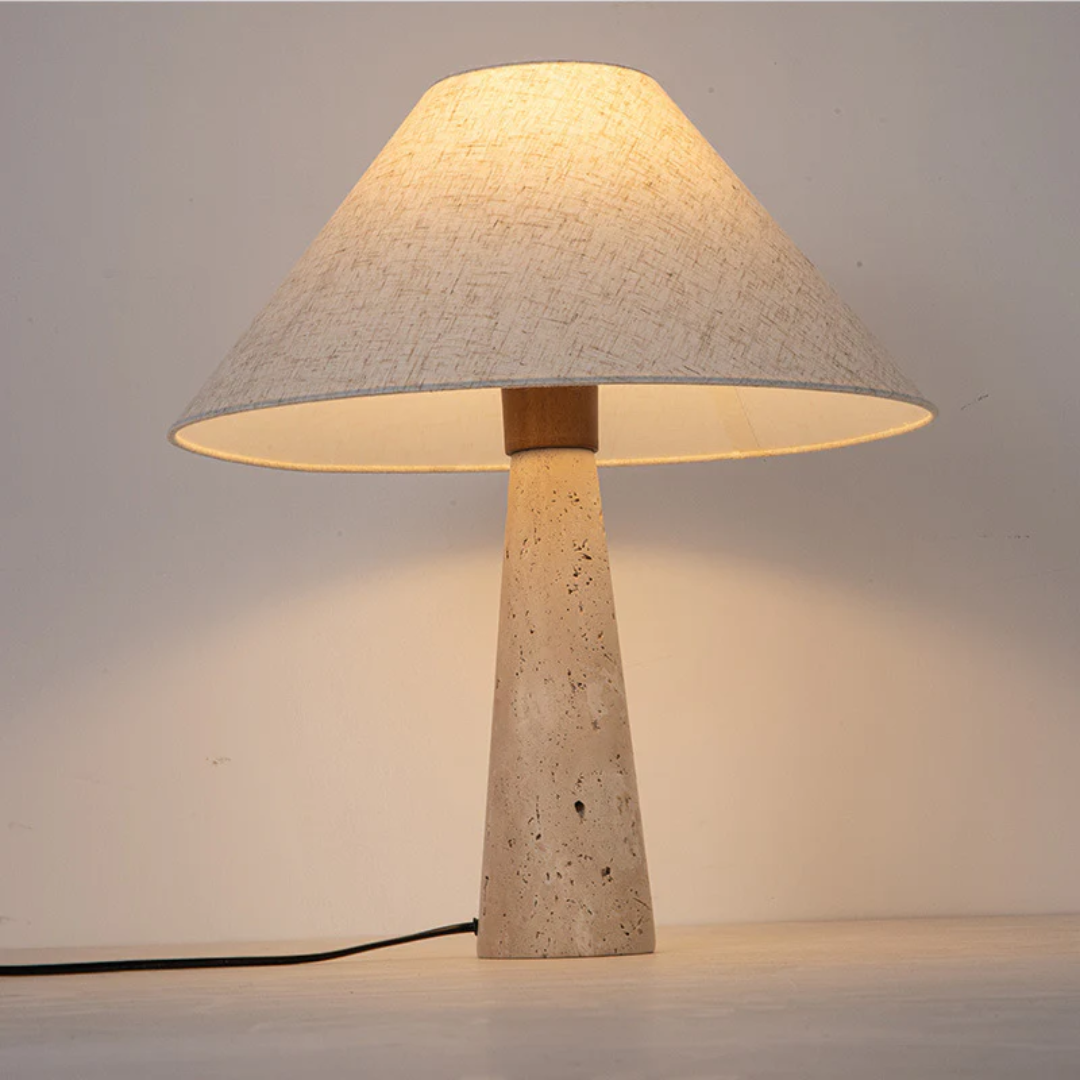 Maribel Travertine Table Lamp Featuring Fabric Shade For Cozy Living Spaces