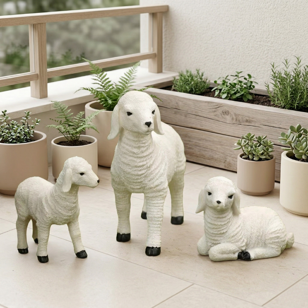 Figura decorativa mini de cordero de 4 pulgadas — Base blanca, finas marcas negras