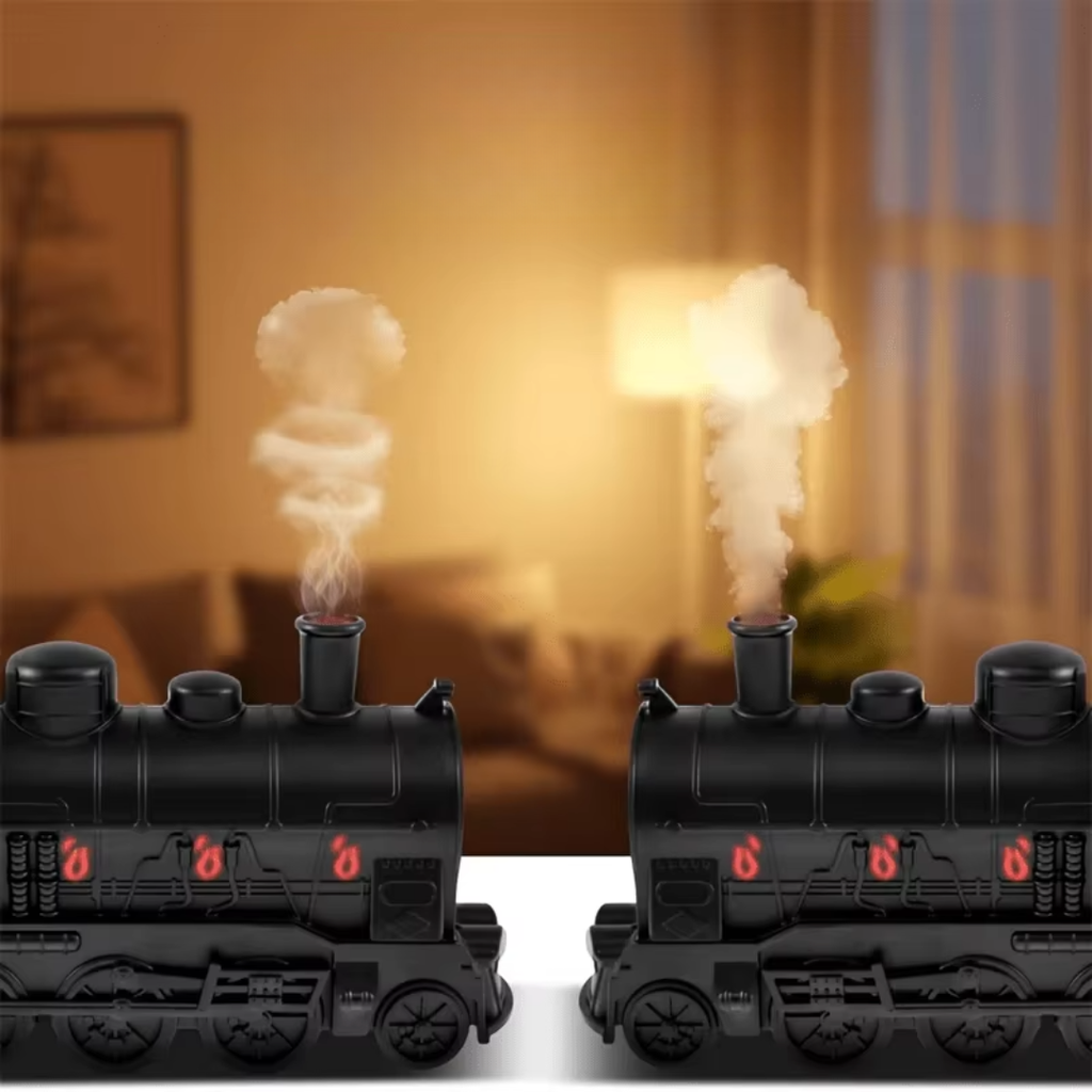 Kompaktní stolní zvlhčovač vzduchu s designem vláčku a chladnou mlhou