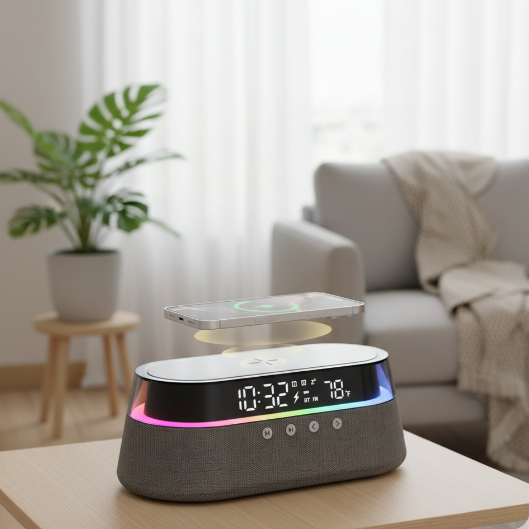 Smart Alarm Clock & Bluetooth Speaker — Multifunction Bedside Hub, Space-Saving Design