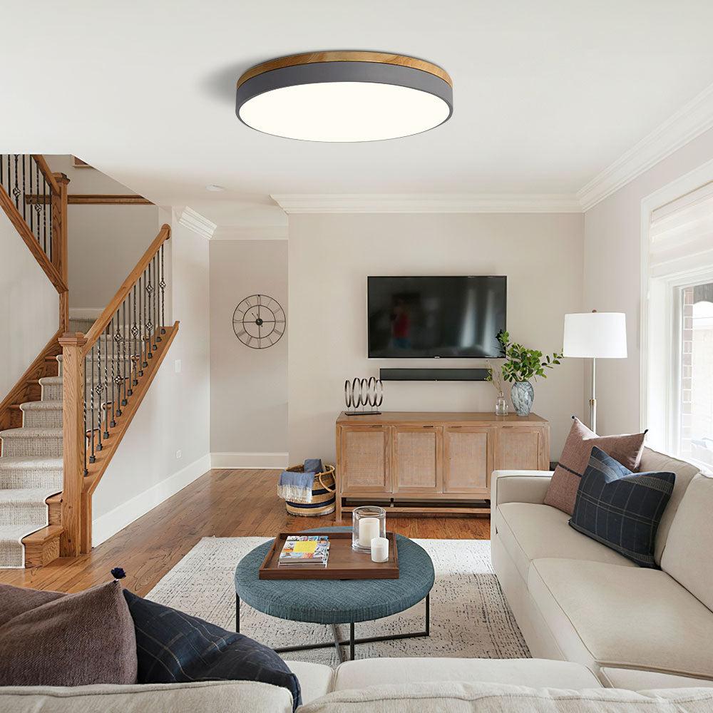 Scandinavian Wooden LED Ceiling Light — Round Dimmable Design, Warm Glow, Acrylic Trim