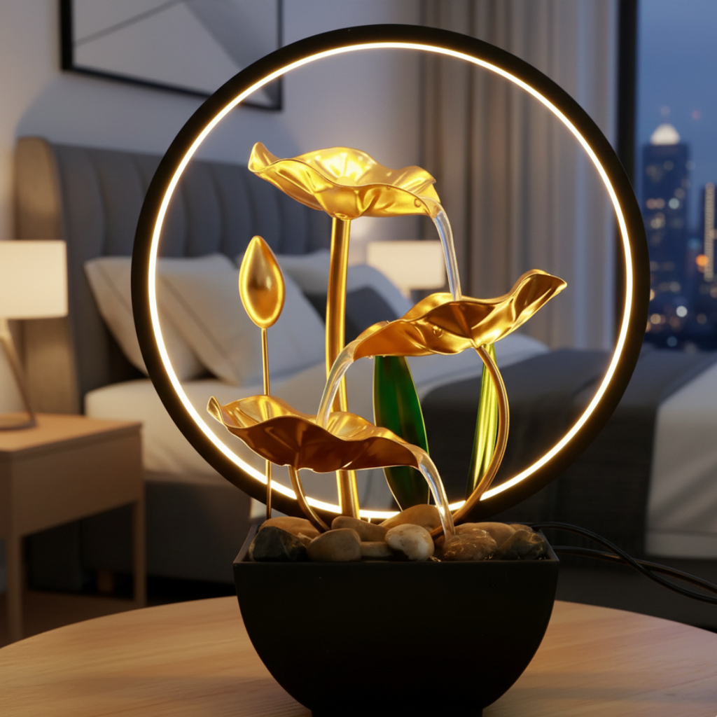 USB-Powered LED Tabletop Water Fountain — Quiet Flow, Warm Lighting, 29x13x12cm