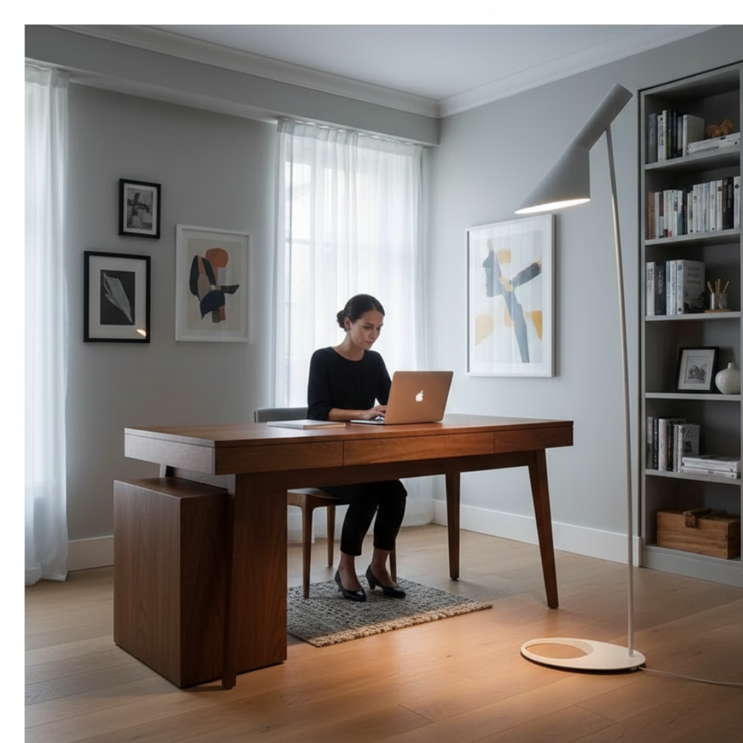 Minimalistická stojací LED lampa v severském stylu — čistý geometrický profil, rovnoměrné rozptýlené světlo
