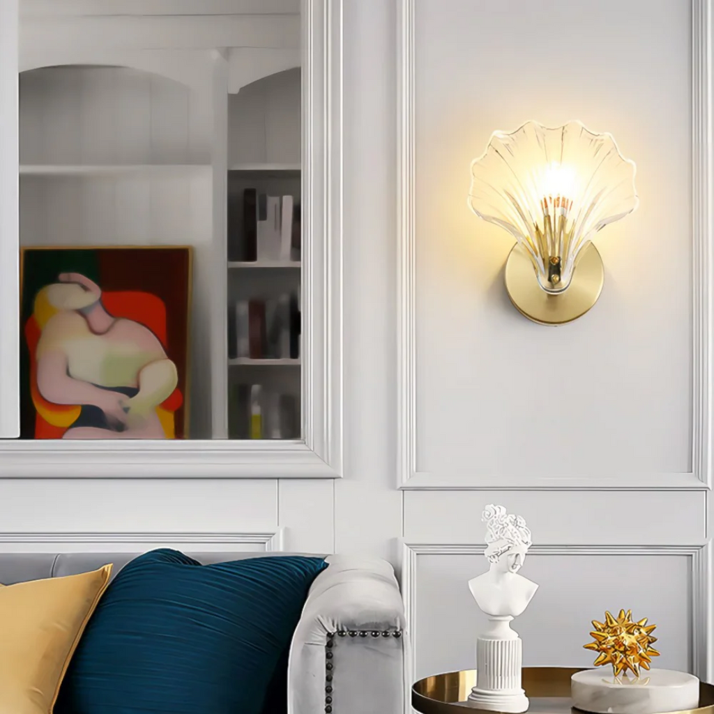 Sylvara Brass Finish Glass Shell Wall Light For Bedrooms And Living Rooms